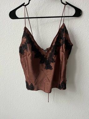 Satin Brown Cami/ Black Lace-Trim Camisole